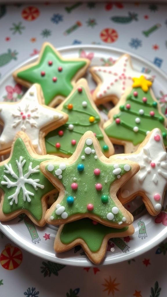 Decorated Christmas sugar cookies in festive shapes on a plate.